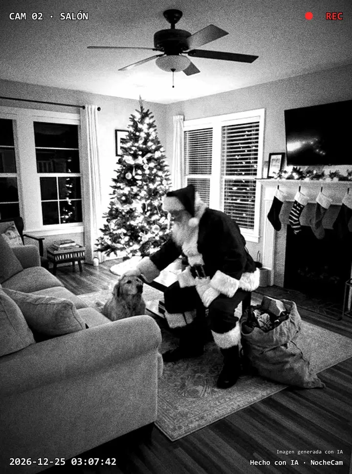Ejemplo de NocheCam: la cámara nocturna del salón graba a Santa Claus acariciando al perro de la familia junto al árbol de Navidad.