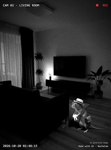 The Tooth Mouse, in a straw hat and glasses, sneaks across the living room at night.