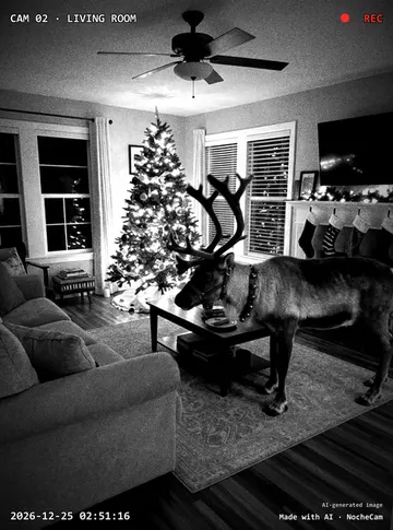 A reindeer sniffs a plate of carrots in the living room at night.