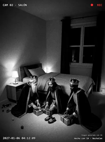 Los Reyes Magos dejan regalos junto a unos zapatos en un dormitorio, de madrugada.