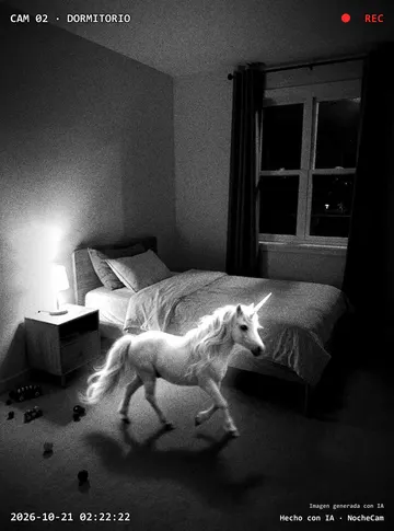 Un unicornio blanco trota por un dormitorio a oscuras.